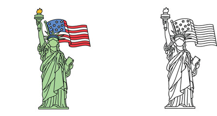 Statue of Liberty Holding Torch and American Flag Vector Illustration, Coloring Page for Kids, Isolated on White Background with Colored and Line Art Versions, USA Patriotic Symbol © MMONIR