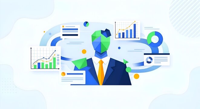 Abstract illustration of a business person surrounded by data charts and graphs.