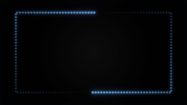 Blue dotted neon rectangular frame. glowing border animation. seamless loop overlay