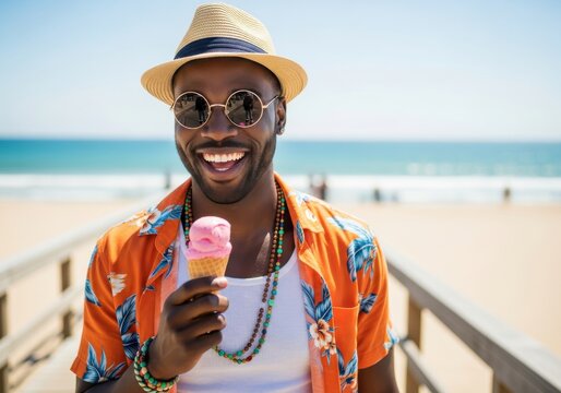 Smiling man wearing a straw hat and colorful shirt enjoys a pink ice cream cone on a beach boardwalk.