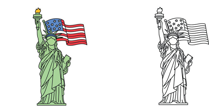 Statue of Liberty Holding Torch and American Flag Vector Illustration, Coloring Page for Kids, Isolated on White Background with Colored and Line Art Versions, USA Patriotic Symbol