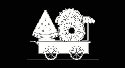 Fototapeta premium Monochrome Outline Illustration of a Fruit Cart with Watermelon and Pineapple Slices.
