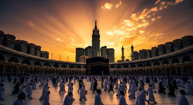 Pilgrims circumambulating the Kaaba in Mecca, Saudi Arabia at sunset, with the Abraj Al-Bait Clock Tower standing tall.