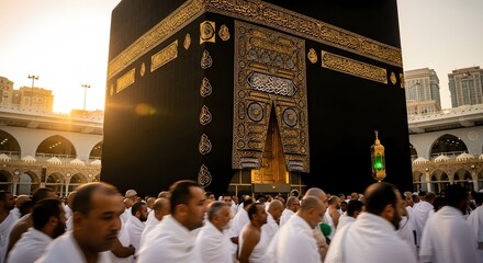 Fototapeta premium Pilgrims in white garments walking near holy black stone structure at sunset.