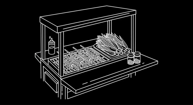 Detailed Line Art Illustration of a Food Stall with Skewers and Vegetables.