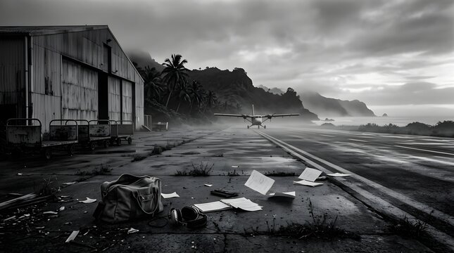 Dramatic cinematic black and white shot of an abandoned tropical hangar and a small propeller plane on a foggy runway with scattered papers