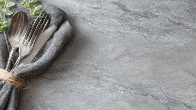 Elegant table setting with silverware and decorative elements on textured surface