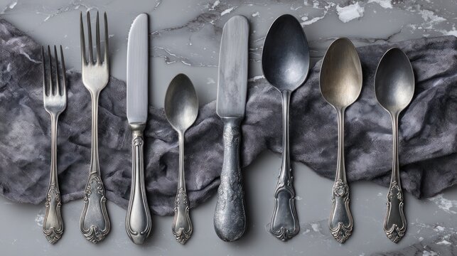 Elegant silverware set arranged on marble surface in overhead composition