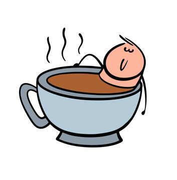 Cartoon relaxed man takes a hot coffee bath in a huge cup. Vector illustration of a man in an unusual spa salon drinking tea and taking a break from work. It floats in the water.