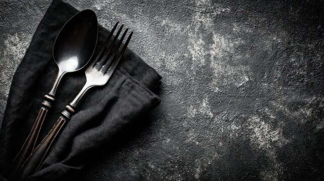 Elegant spoon and fork arrangement on textured black surface