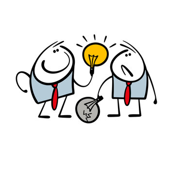 Two doodle businessmen are holding electric light bulbs. Vector illustration is a creative idea and a complete lack of imagination from a cartoon colleague from the office.