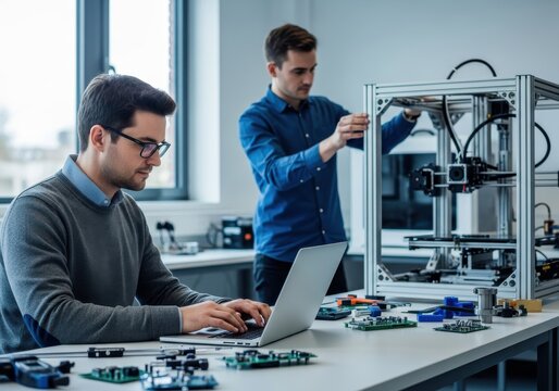 Two engineers work together on a technical project involving a laptop and a custom machine in a modern laboratory.