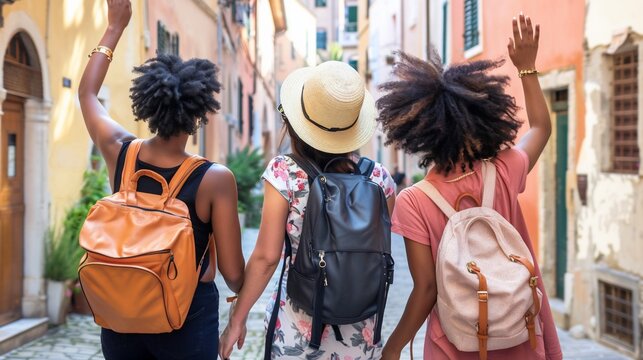 Three women explore a European town street, arms raised, backpacks on