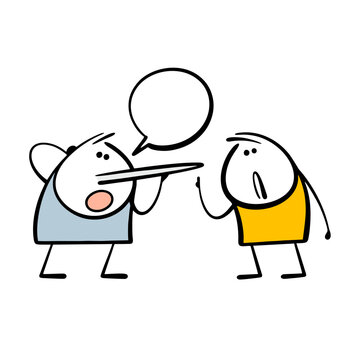 Two men are talking. Vector illustration of a friend lying and a huge long nose like pinocchio has grown. An unusual situation, a text bubble for words.