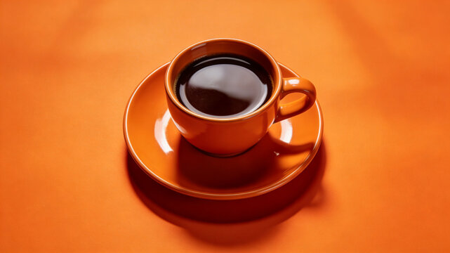Coffee cup on orange saucer on orange background for cafe branding and ads