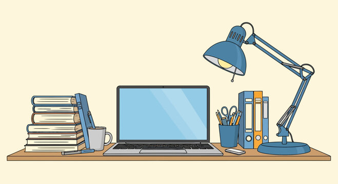 Vector illustration of a student workspace featuring an open laptop computer, a stack of textbooks, a blue swing arm desk lamp, stationery in a holder, and a coffee mug on a desk.
