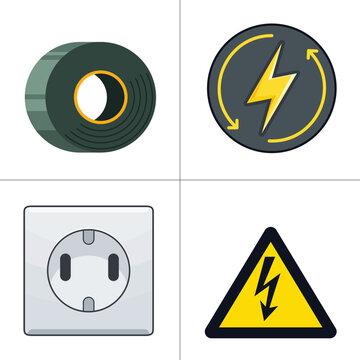 Vector set of electricity icons. Flat design insulation tape, electric socket, power symbol, and high voltage warning sign. Isolated technical elements for energy and maintenance projects.
