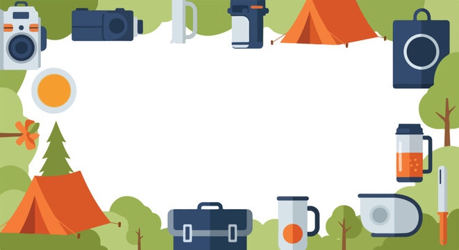 This vibrant vector illustration showcases a camping-themed border with tents, cameras, and outdoor gear surrounding a central white space for text.
