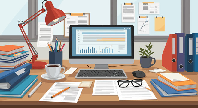 Vector illustration of a cluttered wooden office desk with a computer monitor displaying data charts, a red lamp, stacks of books, binders, scattered papers, eyeglasses, and a coffee cup.