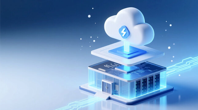 Isometric 3D illustration cloud-integrated Business Smart Data Center representing digital transformation and scalable services for business growth