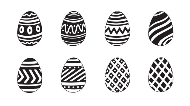 Easter egg icons set with black and white stripes and geometric patterns for seasonal holiday design and decoration featuring spring celebration,