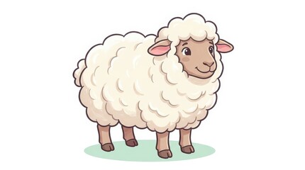Obraz premium Cute cartoon sheep illustration with fluffy wool, standing on green grass against a white background