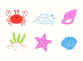 Naklejka premium Marine life icons set with red crab, starfish and sea shells. Summer beach collection with ocean wave and seaweed for nautical vacation designs