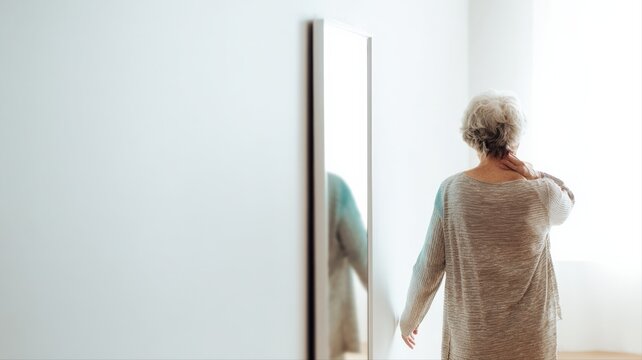 Elderly woman with gray hair stands by a mirror, touching her neck, in a brightly lit room
