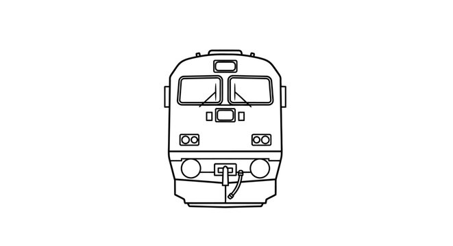Front View Line Drawing of a Modern Train Engine on White Background