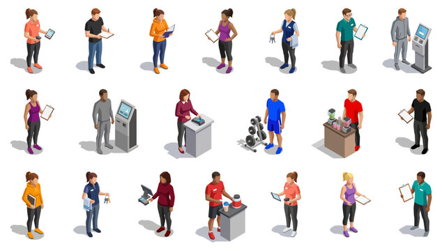 Fitness and gym front desk staff working at sports facility | set of athletic club team members in isometric style