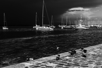 Bateaux de plaisance et voiliers dans La rade de Genève sous un noir ciel d'orage © PPJ