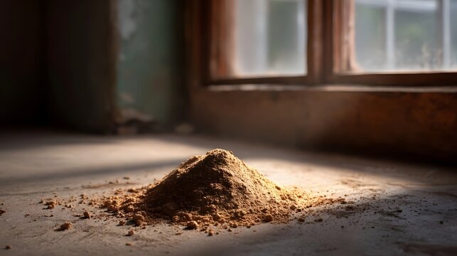 A mound of fine brown powder illuminated by dramatic natural light filtering through a weathered window opening