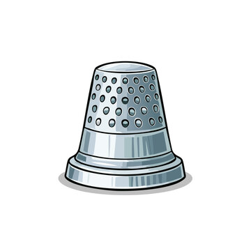 Close-up of a metallic sewing thimble with a dimpled pattern for protection during crafting