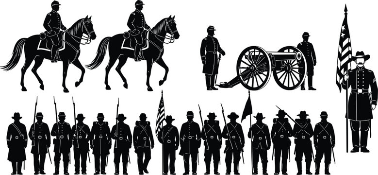 American Civil War Silhouette Set Featuring Cavalry Soldiers Cannon Artillery Infantry Regiment And Flag Bearer Icons