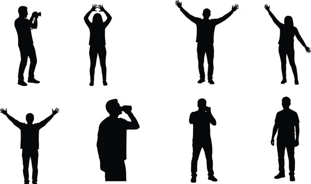 Black silhouettes of diverse people featuring photographers taking pictures, cheering with arms raised, and drinking water