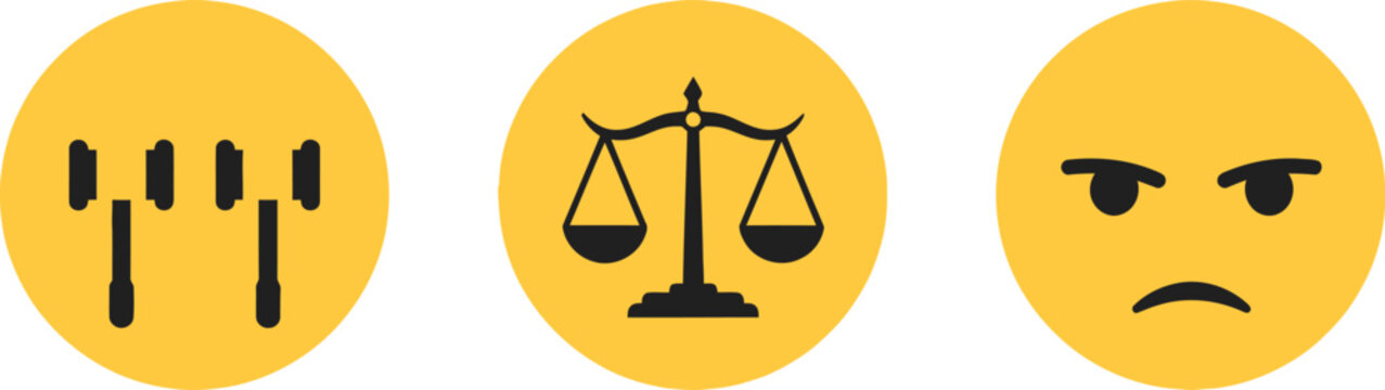 Three yellow emoji faces depicting law justice and disappointment on a white background