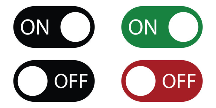 On Off Power Switch Button Icon Set, Toggle Slider Interface Controls, Start and Stop Electric Power Symbols, Isolated Vector Illustration on White Background