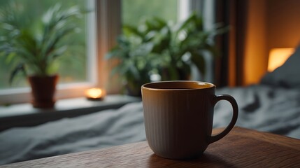 Fototapeta premium A simple ceramic mug rests on a wooden surface bathed in soft natural light near lush indoor plants evoking a peaceful morning routine