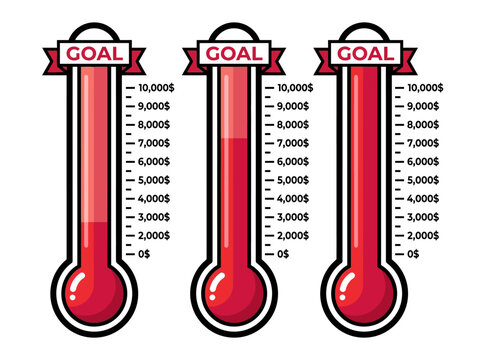 Set of Three Fundraising Goal Thermometers at Different Progress Stages, $10,000 Financial Target Tracking Icons for Charity, Crowdfunding and Business Success