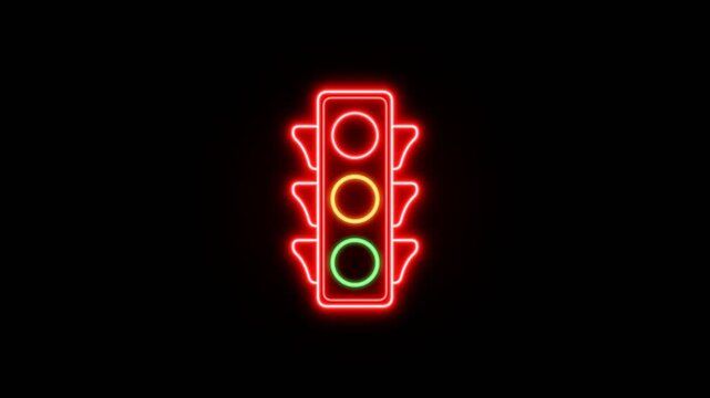 Traffic light neon icon. glowing red signal with green light. road safety alert