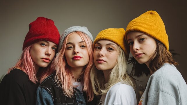 Four stylish young women wearing colorful knit beanies posing seriously together, showcasing a trendy youthful friendship.