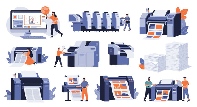 Professional printing house operations featuring diverse workers managing industrial printers and large stacks of paper for commercial production.