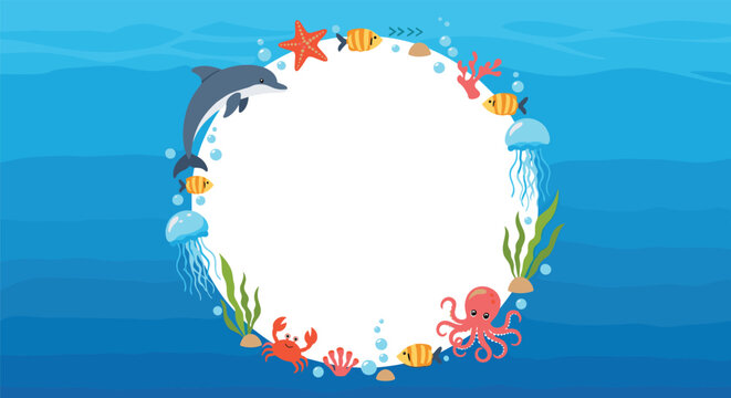 Sea life illustration featuring a dolphin, jellyfish, octopus, and tropical fish around a central white circular frame in a deep blue ocean setting.
