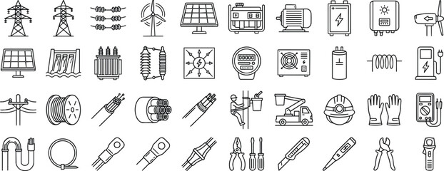 Comprehensive electric and power line art icon set featuring power transmission, energy equipment, electrical cables, and utility tools in editable stroke vector style. © ARNIKA ISLAM