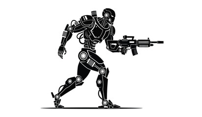 Fototapeta premium silhouette of a robotic soldier with a weapon black and white illustration on a white background high quality professional detailed modern elegant stylish clean