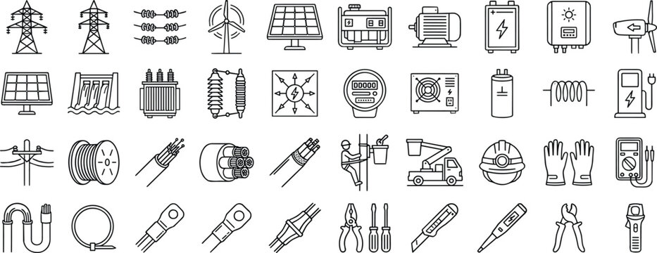 Comprehensive electric and power line art icon set featuring power transmission, energy equipment, electrical cables, and utility tools in editable stroke vector style.
