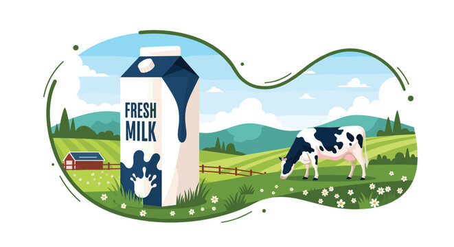 Fresh dairy milk product concept showing a large carton in front of a serene green landscape with a cow grazing peacefully in the meadow.