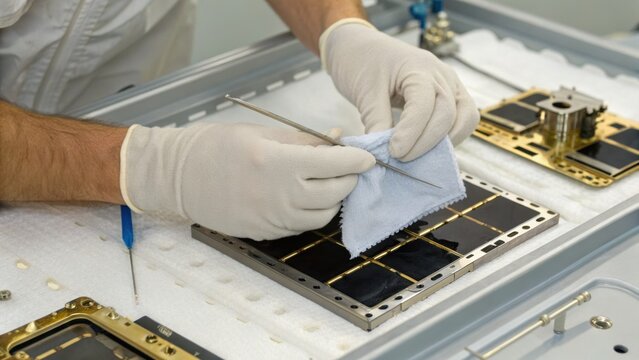 A person wearing gloves is cleaning or assembling a solar panel device with precision tools in a controlled environment.