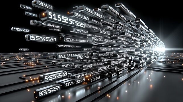 3 d rendering of glowing binary code and circuit patterns on dark background