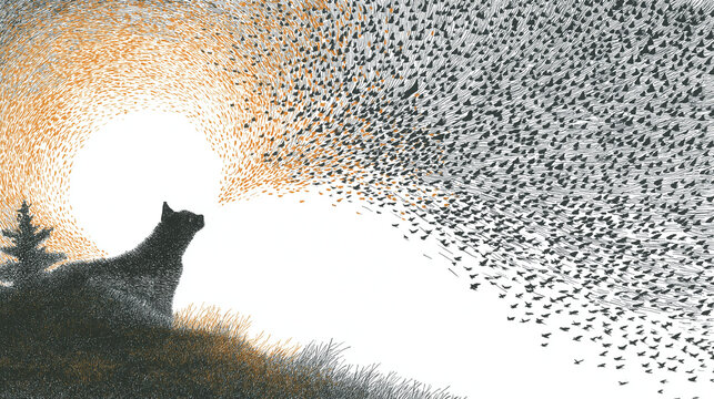 Awe-inspiring murmurations : A striking illustration of a wolf observing a mesmerizing murmuration of birds, with the sun setting, painted in a beautiful palette.